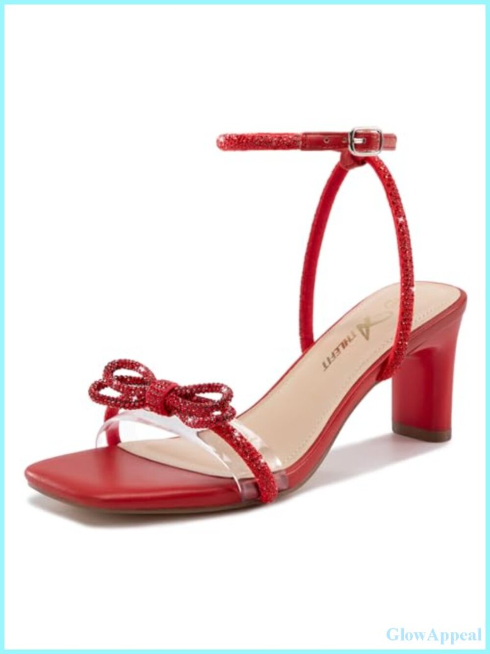 Rhinestone Bow Block Heeled Sandals Square Open Toe Ankle Strap Buckle Party